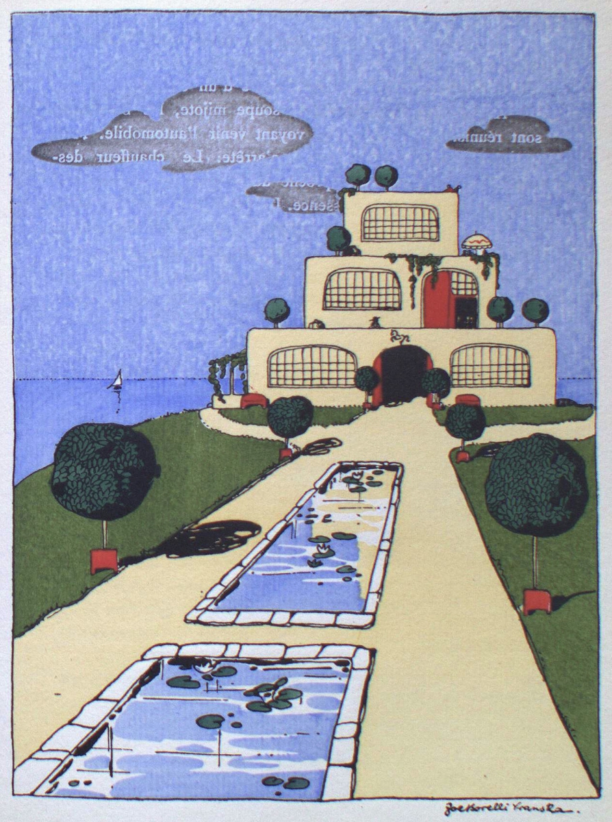 Illustration of a stylized white building with round windows, surrounded by trees and bushes, with a reflecting pool in front.