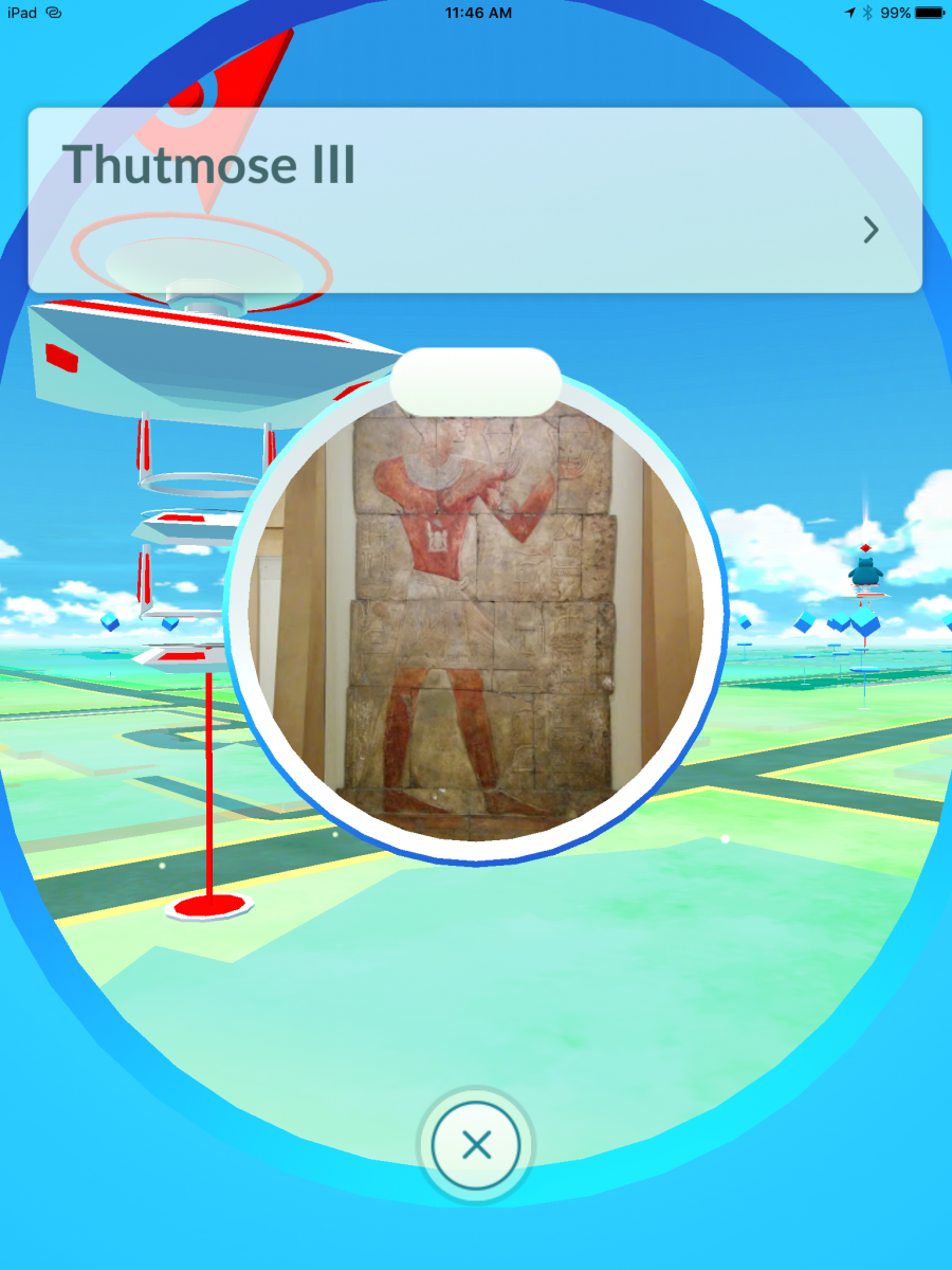 Screenshot of a Pokémon GO gym labeled "Thutmose III" with an ancient Egyptian mural as the gym badge.