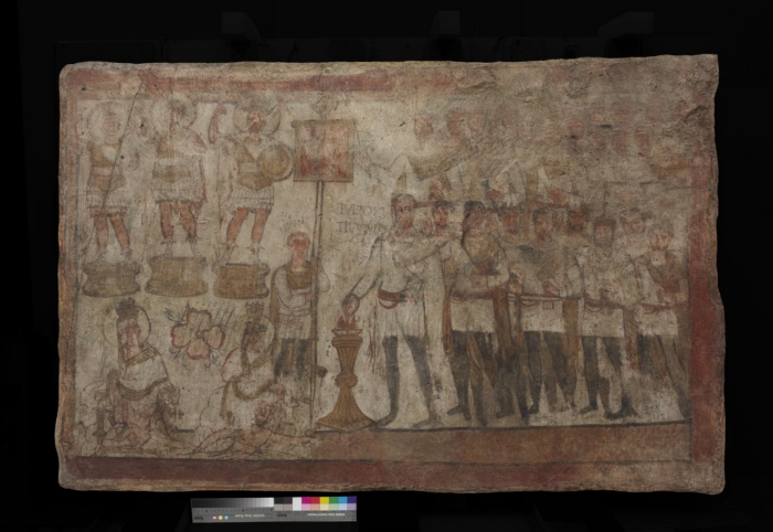 Ancient Egyptian wall painting showing human figures, animals, and hieroglyphic symbols on a beige background.