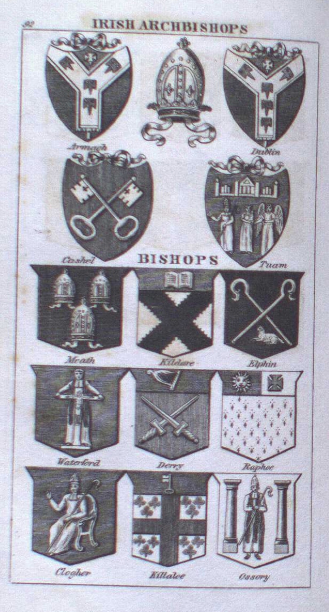 Three rows of shield-shaped crests with heraldic designs and a row of banners below them, titled "BISHOPS" at bottom center.