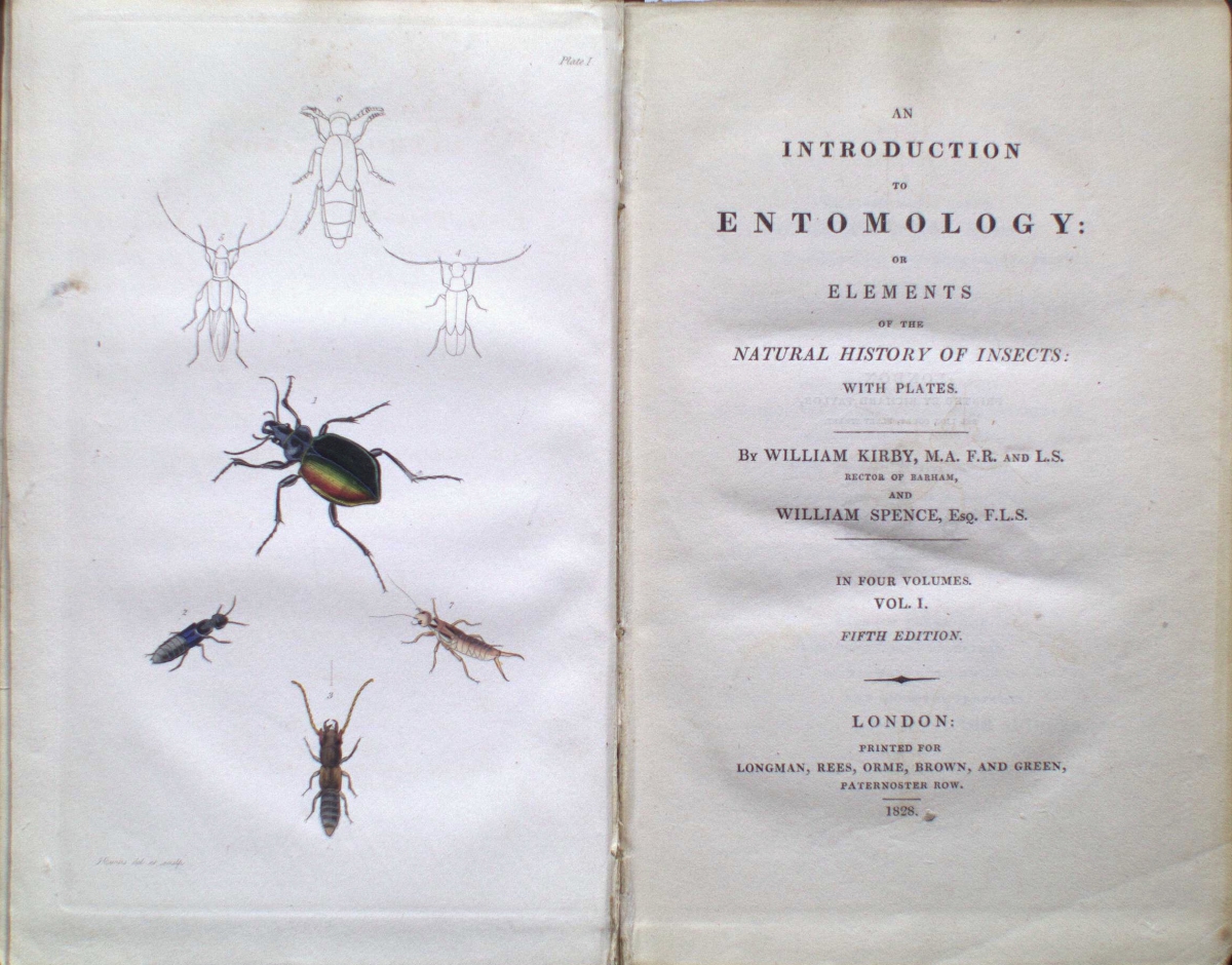 Introduction to Entomology; or Elements of the Natural History of Insects by William Kirby, title page and illustrated insects on left page.