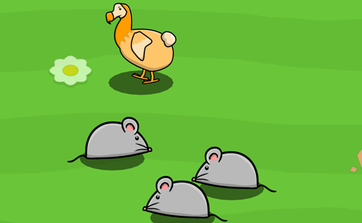 un dodo se tient dans un champ vert entouré de rats
