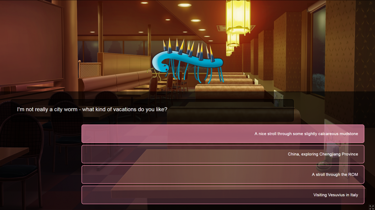 a creature asks a question with responses for the user to choose from

