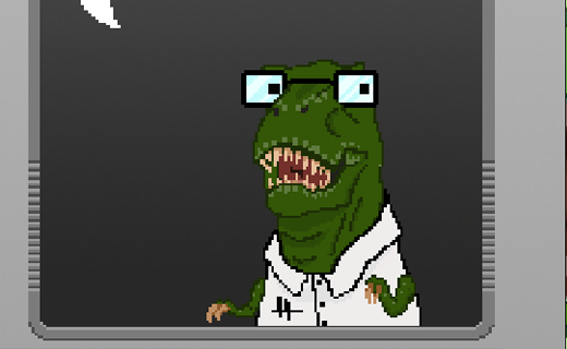 un dinosaure animé avec une chemise blanche et des lunettes
