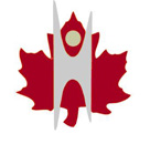 The logo features a stylized gray tower shape with a red circle near the top, superimposed on a red maple leaf background.
