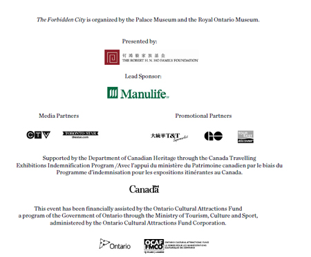 The image contains multiple logos and text, including "Presented by," "Presented with support from," "Manulife," "Media Partners," "Promotional Partners," "Canada," and mentions of support from the Department of Canadian Heritage through the Canada Travelling Exhibitions Indemnification Program and the Ministry of Tourism, Culture and Sport.