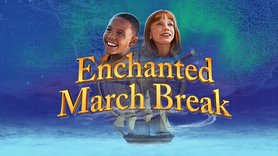 Enchanted March Break text over an illustration of two children on a boat in a starry night sky.