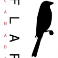 A stylized black bird perched on a horizontal line with the vertical text "CANADA" in red letters to the left of it.