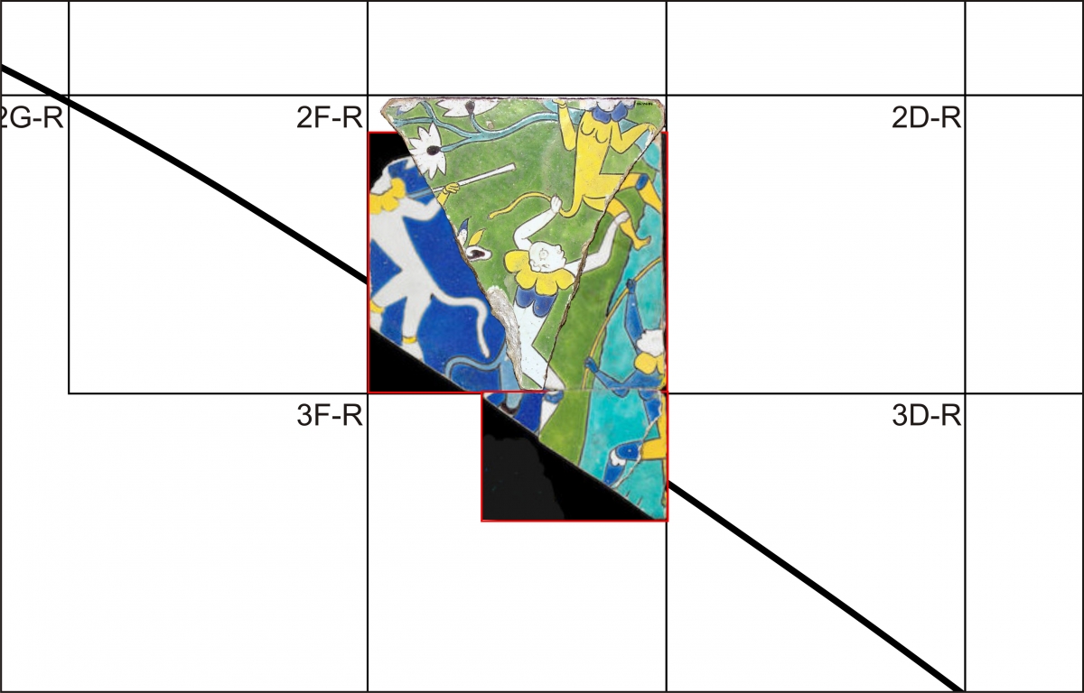 Map with numbered grid coordinates and an illustration featuring a person in traditional clothing among green and yellow foliage.
