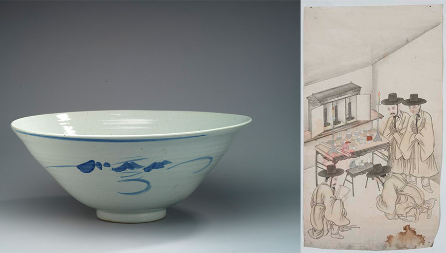 Porcelain bowl with blue floral decoration on its interior rim next to an illustration of several men wearing traditional hats seated around a table.