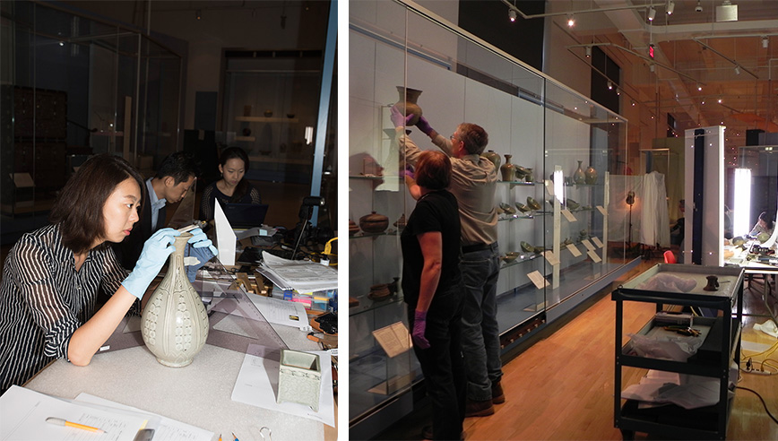 Two images: left, a person with gloves handling a pottery artifact on a desk with papers; right, a person adjusting items inside a glass display case in a museum gallery.