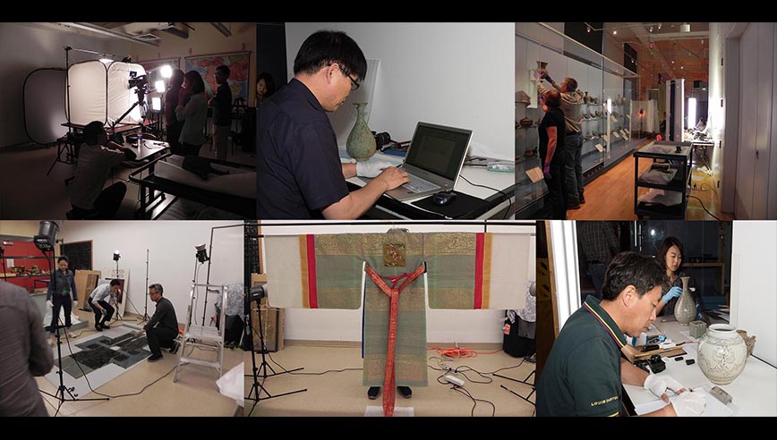 Collage of behind-the-scenes photos showing camera operators, a person using a laptop, lighting equipment, and a man photographing a textile.