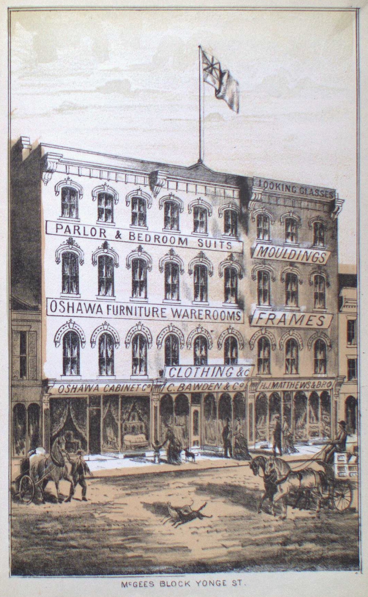 Sketch of a four-story building with many windows and a Canadian flag flying on the roof.