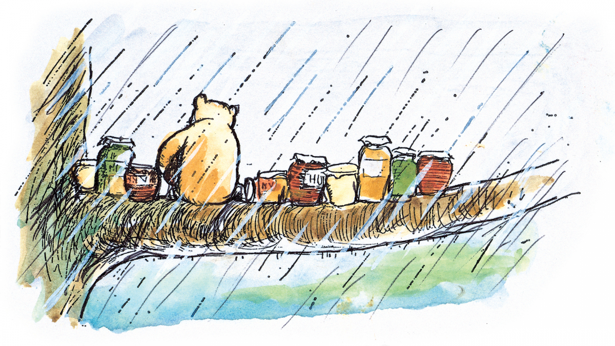 Line block print of Winnie-the-Pooh sitting on a tree branch with honey jars.