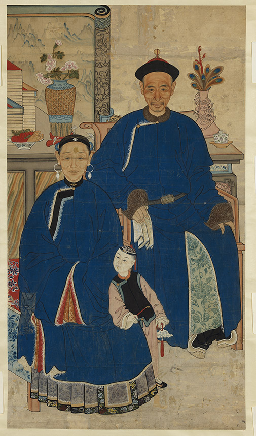 Portrait of a seated man wearing a blue robe holding a white object, with a child standing beside him also dressed in blue.
