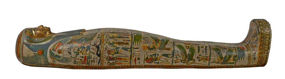 Wooden ancient Egyptian coffin with painted hieroglyphics and worn blue-green surface.