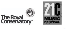 The Royal Conservatory logo with black text and a circular emblem, alongside a black and white 21C Music Festival logo.