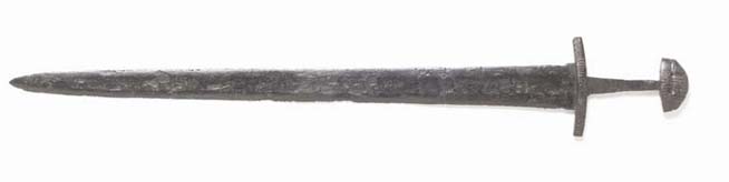 Medieval iron longsword with a straight double-edged blade and a simple crossguard and pommel.