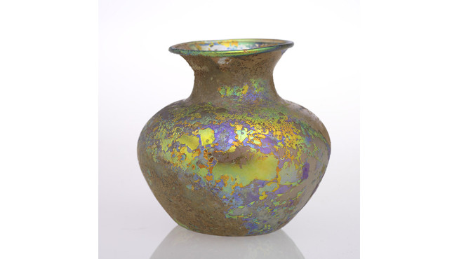 Small iridescent glass vase with a bulbous body, short neck, and a flared rim.