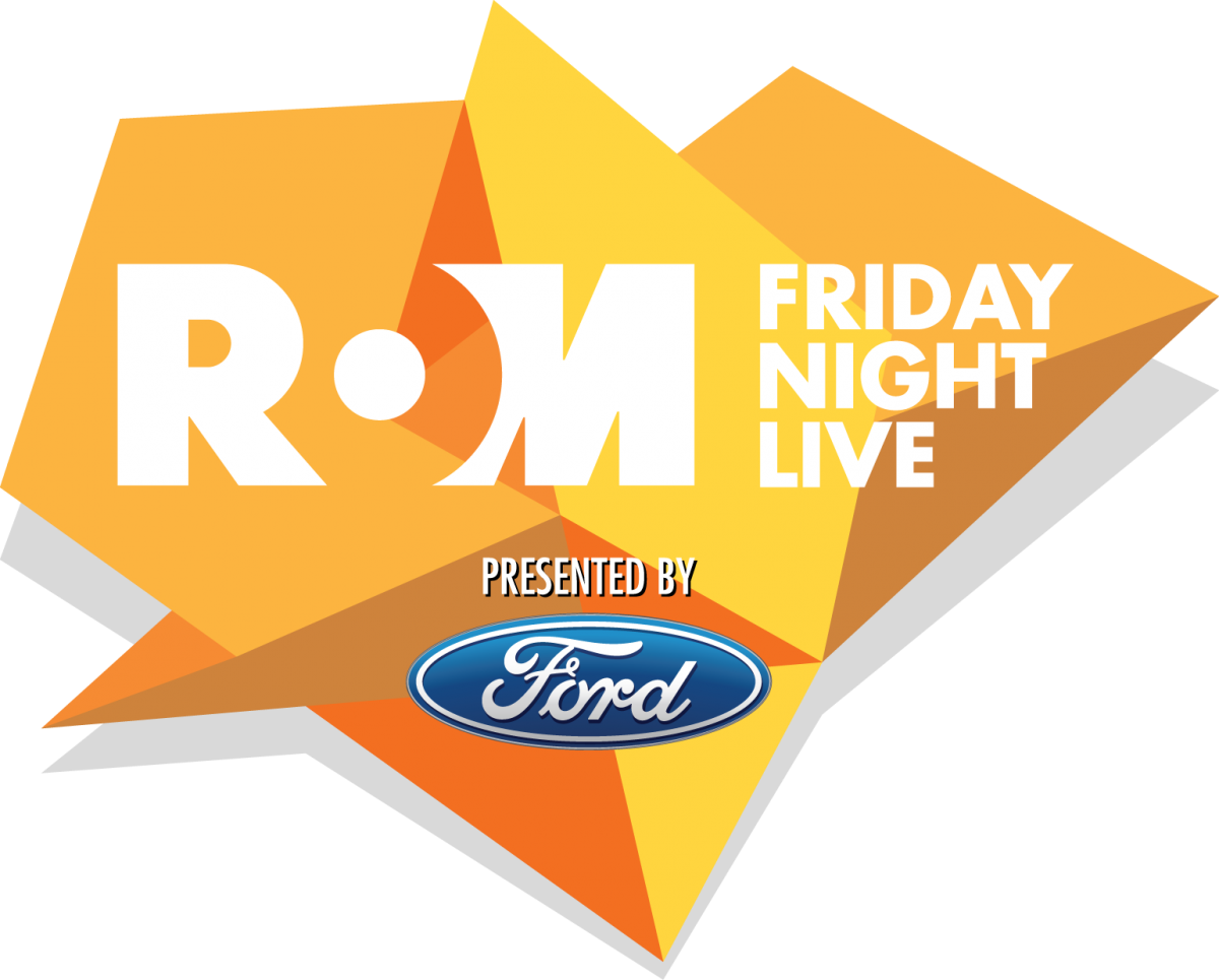 R•O•M Friday Night Live presented by Ford logo with white and yellow text on orange geometric shapes.