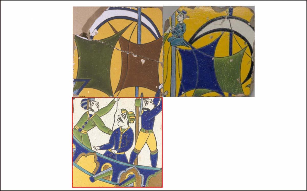 Abstract artwork featuring stylized human figures and geometric shapes in yellow, blue, green, and brown tones.