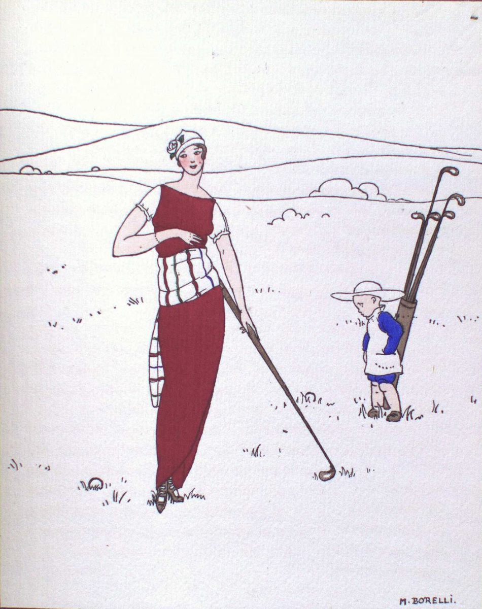 A minimalist illustration of a woman in red attire holding a golf club in a landscape with hills and a caddie carrying golf clubs.