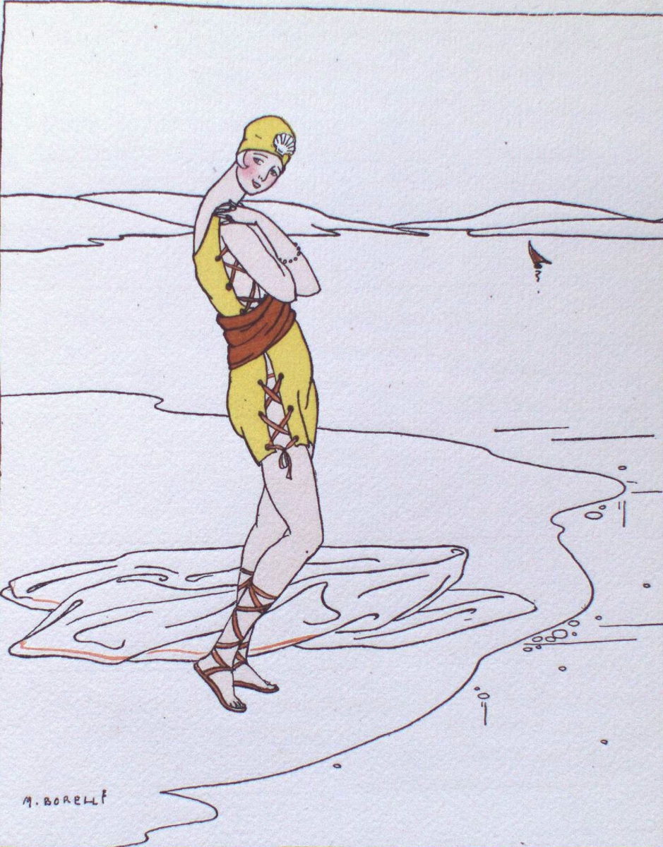 Woman in a yellow swimming cap, white swimsuit, and brown shoes holding a hat, standing by the water's edge on a beach.