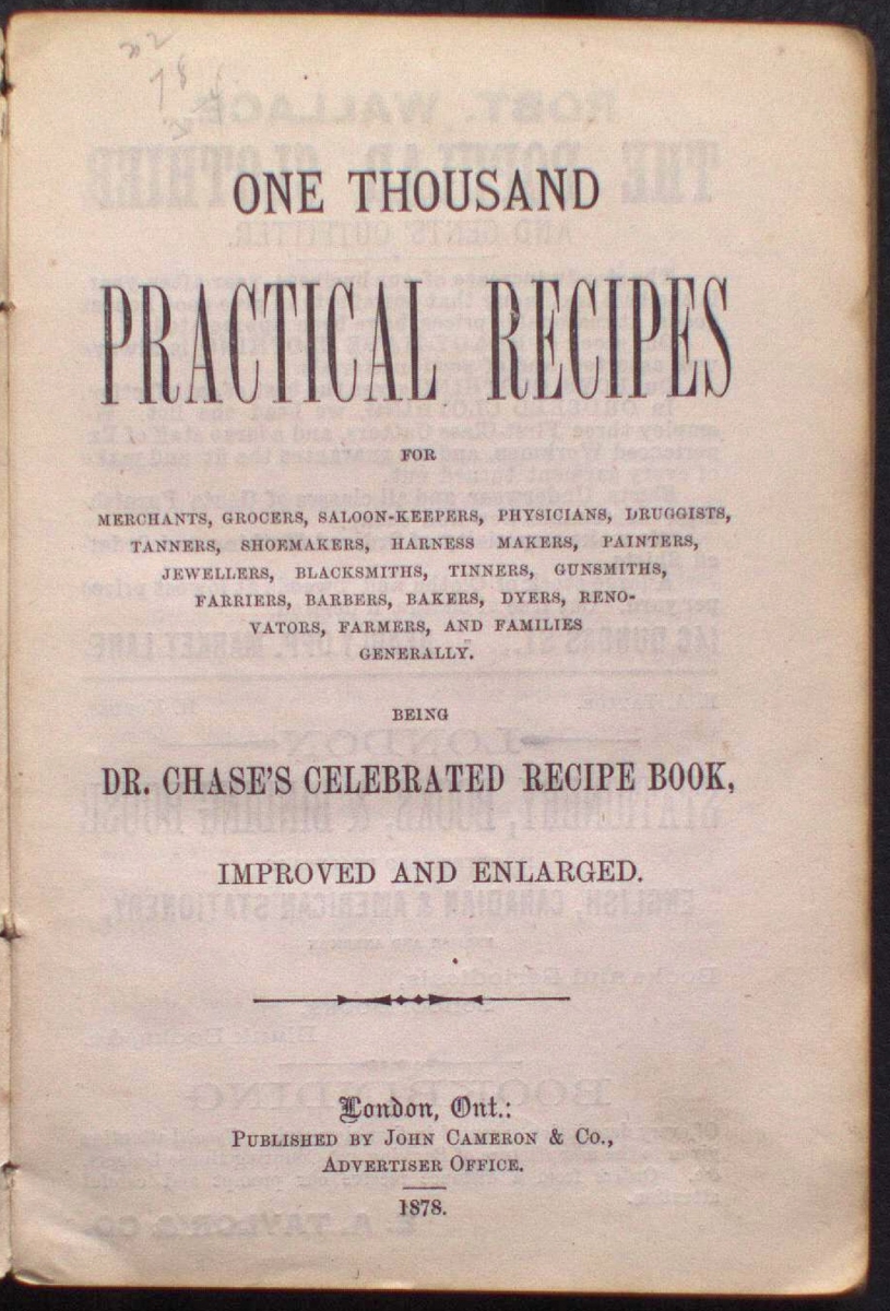 ONE THOUSAND AND ONE PRACTICAL RECIPES including Pickling, Preserving, Seasoning, Puddings, Jellies, Salads, Cakes, Pastry, Household Recipes, Toilet Articles, Medicines, Wines, Cordials, Vinegar, Soap, &c., &c. &c. from Dr. Chase's Celebrated Recipe Book, Improved and Enlarged. Boston, 1880. Published by Lee & Shepard, Publishers and Booksellers, 140 Washington St.