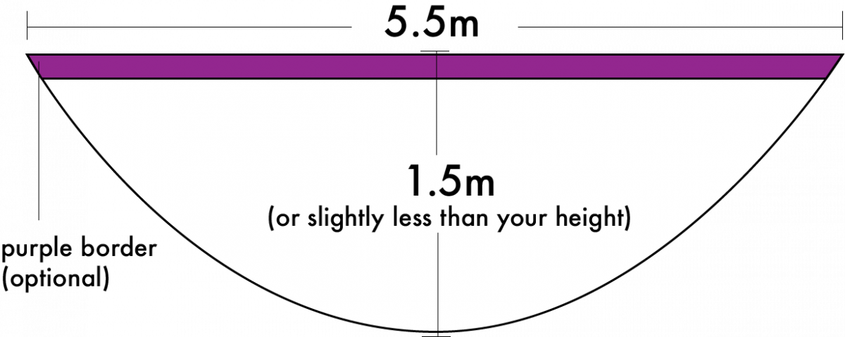A diagram of a toga cut into a semicircle with a straight edge 5.5 metres long across the straight edge and 1.5m tall
