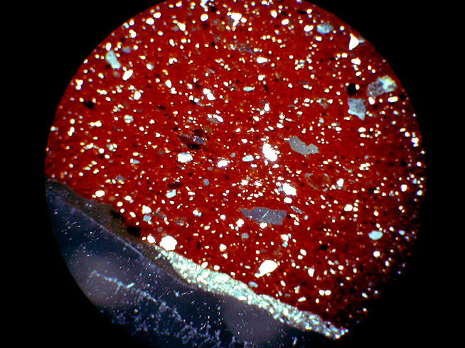 Microscope view of mineral particles, mostly red, with scattered white and some gray areas.