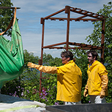 Blue whale with workers on the coast
