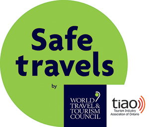 Safe travels by World Travel & Tourism Council logo next to TIAO tourism industry association of Ontario logo.