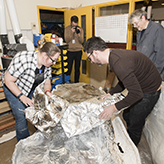 Photo of three people removing foil from a fossil specimen
