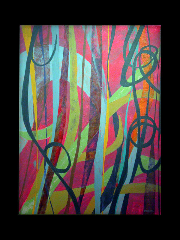 Acrylic painting on canvas; lines of pink, green, and blue.