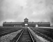Image d'archives en noir et blanc montrant au premier plan des voies ferrées menant au loin vers l'entrée du camp d'Auschwitz.