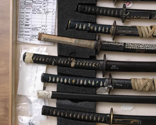 A collection of traditional Japanese swords with black and beige handles and sheaths, displayed horizontally on a foam pad.