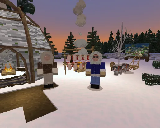 Capture d'écran Minecraft de deux hommes vêtus de parkas en fourrure, debout dans une forêt enneigée à côté d'un wigwam fait d'écorce de bouleau. 