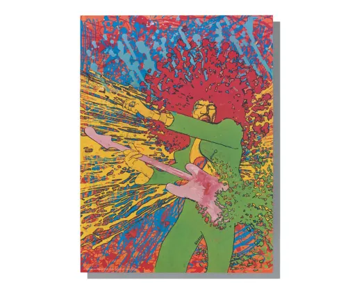 A vivid, psychedelic-style illustration of a human figure playing an electric guitar, surrounded by explosive splashes of red, yellow, blue, and green paint. The figure wears a bright green outfit and holds a pink guitar angled diagonally across the body, while energetic, dripping lines and paint bursts radiate outward, creating a sense of movement, sound, and intensity against a highly saturated abstract background.
