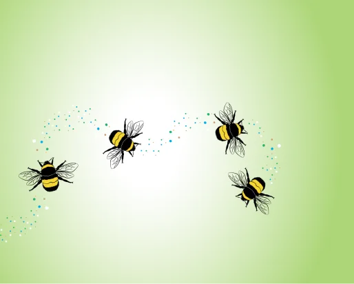 several bumble bees flying on a green background