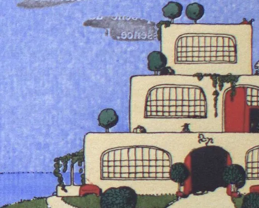Illustration of a multi-level building with rounded windows, surrounded by trees and bushes against a blue sky.