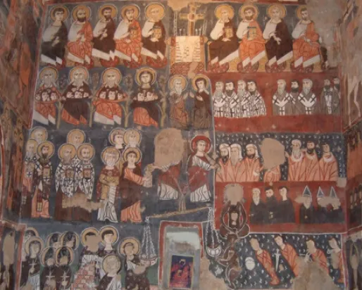 The fresco of the Last Judgement on the West wall of the chapel at Deir Mar Musa.
