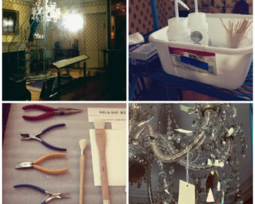 Emily cleaning Neoclassical Chandelier with tools and supplies. Photos by Jaime Clifton-Ross
