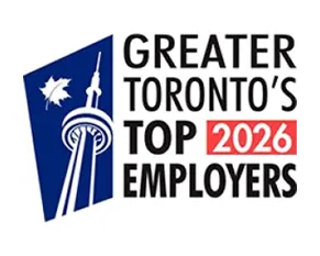 GREATER TORONTO'S TOP 2026 EMPLOYERS with a stylized blue CN Tower and maple leaf graphic on the left.
