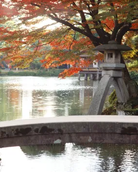 Pont en pierre au-dessus d'un étang avec des arbres aux couleurs automnales et une lanterne japonaise traditionnelle en pierre au bord de l'eau.