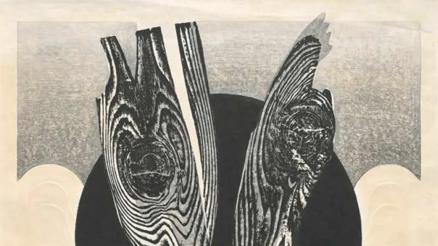 Woodblock print of a bird with its wings spread, set against a black circular background on a beige textured surface.