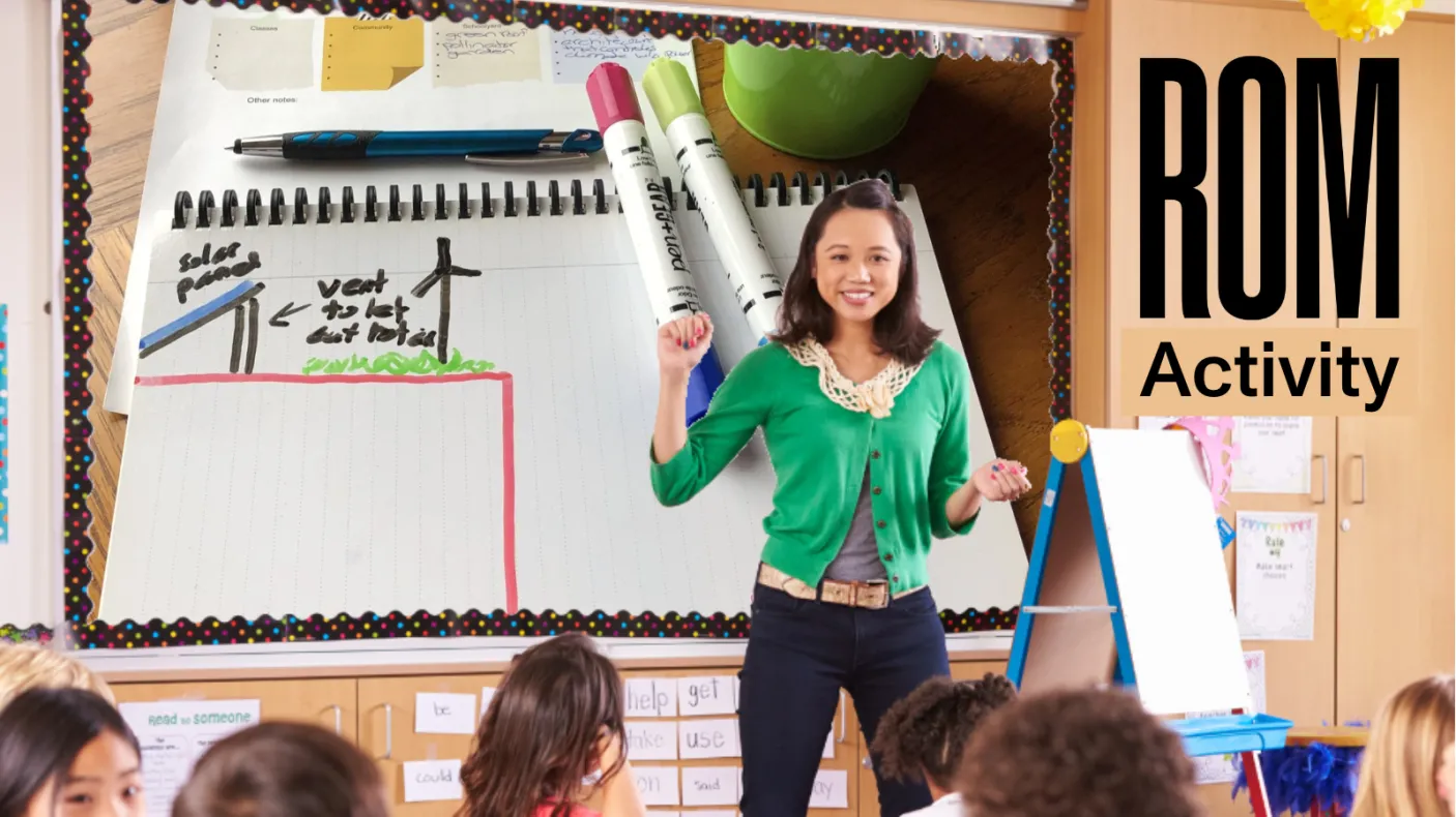 ROM Activity logo in black text on a colorful classroom photo background.
