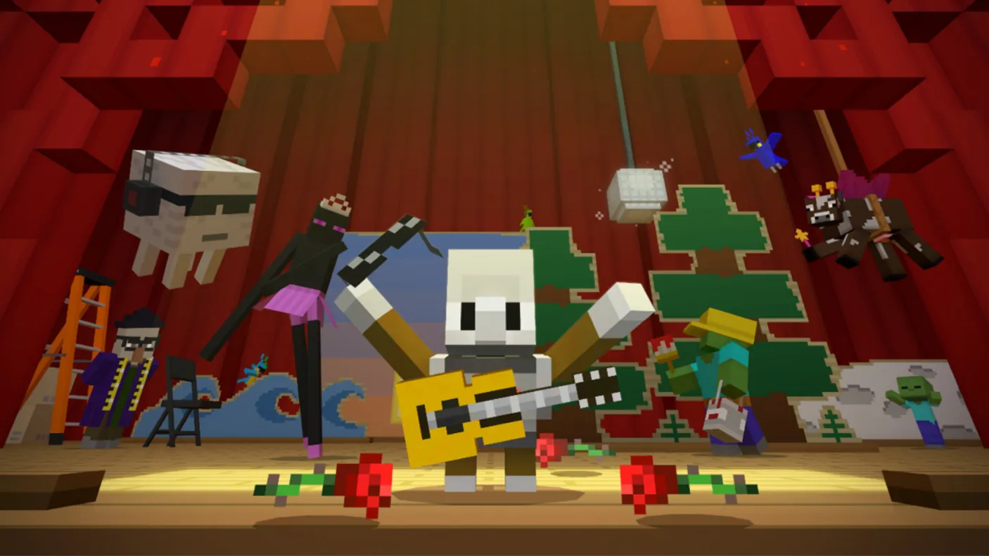 A Minecraft screenshot of a small robot standing on a stage surrounded by flowers. On stage around and behind the robot are wacky Minecraft creatures in a variety of theatrical poses.
