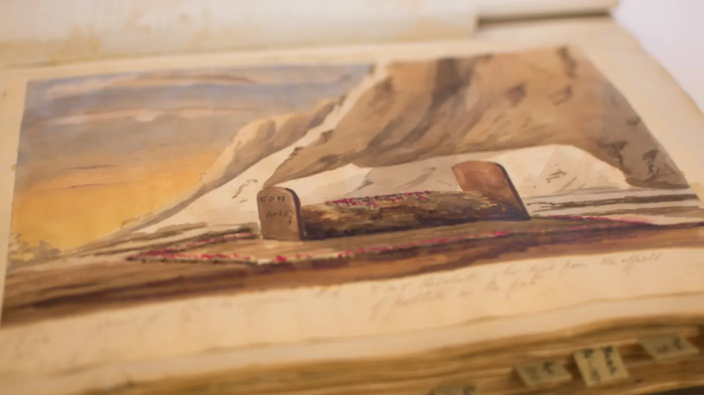 Watercolor of the grave of G.S. Malcolm A.B., who died of frostbite during the search for Franklin. Photo by Dorea Reeser
