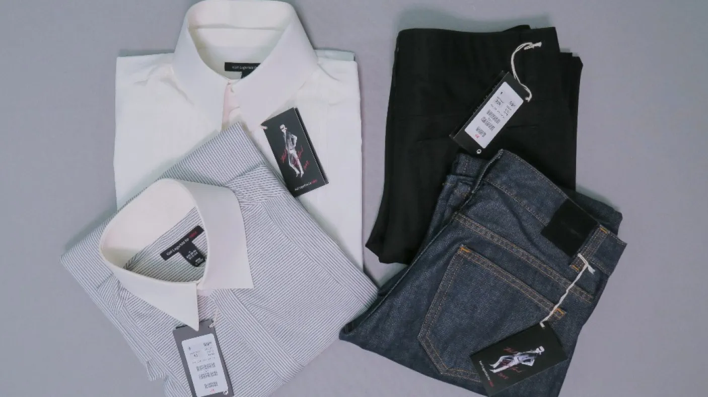 Selection of men's shirts and pants. Karl Lagerfeld (Hamburg, Germany, 1933 - 2019),  H&M capsule collection. Gift of Joseph Wong. 2021.115.10.1- .4

