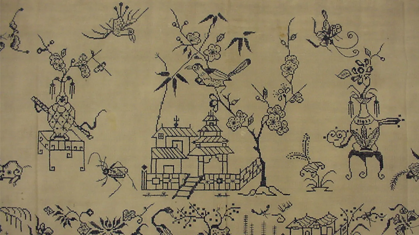 Black ink drawing on beige background showing a scene with stylized plants, animals, and a small building.